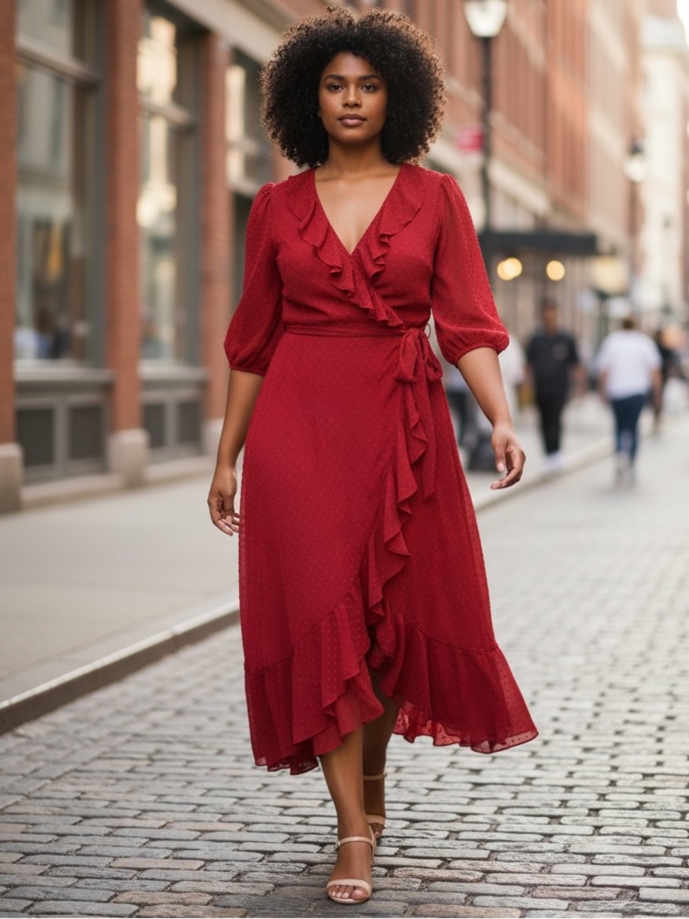 Maison Tara red faux wrap v-neck ruffle long sheer sleeve maxi dress